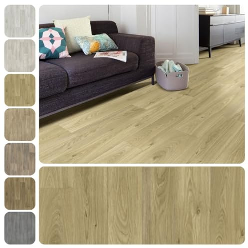 PVC Vinyl Bodenbelag Vinylboden Meterware Holzoptik | 4m 5m breit, Diele Eiche natur hell, 450x400cm