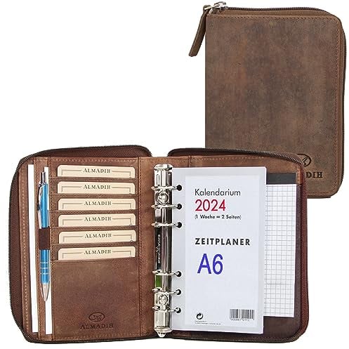 ALMADIH Leder A6 Organizer mit Ringmechanik Reißverschluss Kalender 2025 Premium Rindsleder Geschenkbox Braun Vintage Terminplaner Mappe Ledermappe Schreibmappe Block Mini Pocket (A6 Org BV)