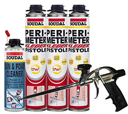 Soudal Kombi Set 3 x Perimeterkleber 750ml Dose + 1 x Soudal PU- Reiniger 500ml Dose + Schaumpistole Professionell