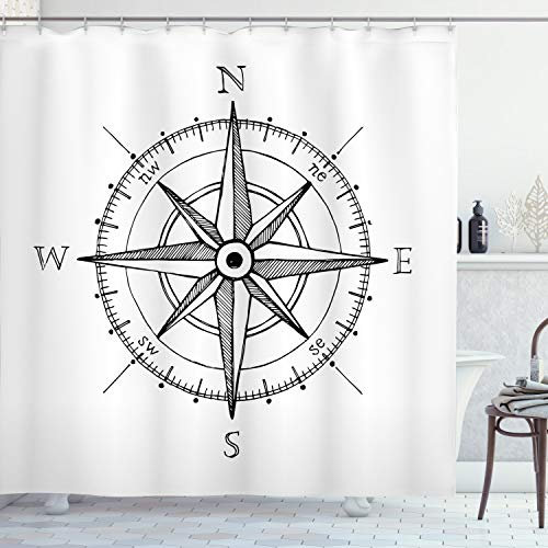 ABAKUHAUS Kompass Duschvorhang, Windrose Wegbeschreibung, Stoffliches Gewebe Badezimmerdekorationsset mit Haken, 175 x 220 cm, Schwarz Weiß