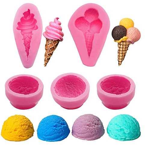 Woohome Silicone 3D Ice Cream Moulds, 5 PCS Ice Cream Ball Shape Moulds Mini Ice Cream Fondant Cake Molds Cookie Pastry Mould for Cake Chocolate Dessert Decor DIY Candle Soap