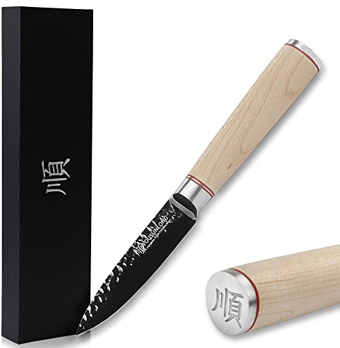 YOUSUNLONG Couteau d'office - 3,5 (88,9 mm) tranchant comme un rasoir Couteau à fruits - Acier japonais AUS8 Revêtement en titane noir Lame - Manche en bois d'érable canadien naturel