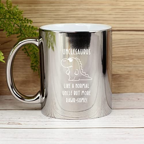 eBuyGB Unclesaurus Mug, Uncle Mug, Dinosaur Mug, Engraved Shiny Silver Metallic Coffee Mug, Father's Day Gift, Uncle Birthday Gift, Funny Mug Present