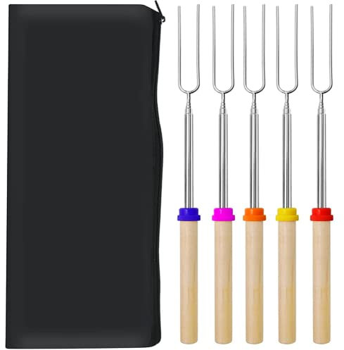 Barbecue Forks- 5 Pack Marshmallow Roasting Sticks Extendable Stainless Steel 32 Inch U Shape Hot Dog Fork with Wooden Handle Grilling Skewers for Fire Pit and BBQ Campfire Party (with Canvas Pouch)