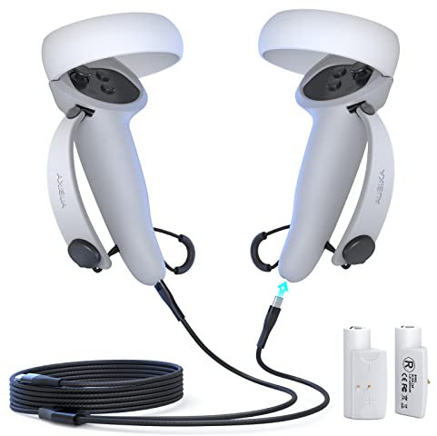 AUBIKA Zubehör für Meta Quest 2 Controller, Akku Controller Grip mit Ladekabel und Batterie (1000mAh X2), Einstellbar für Verschiedene Handgrößen - Weiß