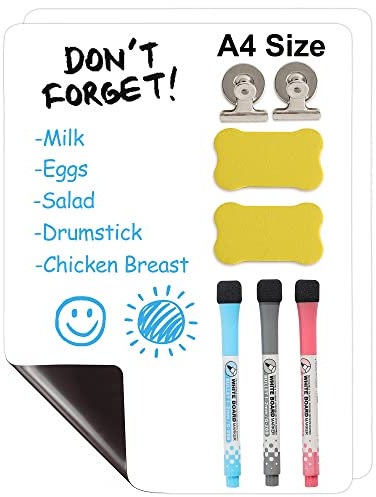 2PCS Magnetic Whiteboard Set for Fridge - A4 size Memo Board/Magnet Reminder Board/Planner Board/Do List Whiteboard for Kitchen School Office Supplies CP06A402