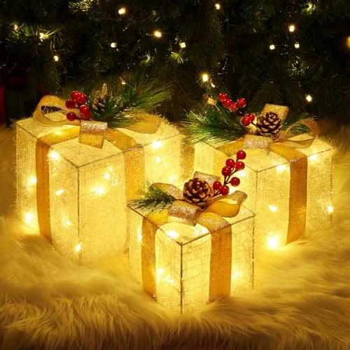 Quntis Set of 3 Light Up Present Boxes, 60 LEDs Christmas Decorations Parcels Lights, Illuminated Present Lights Gift Boxes Christmas Tree Decorations Indoor Xmas Fairy Lights Decor, Gold