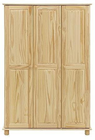 furnling 1910568 Oslo Kleiderschrank, 3-türig mit Kleiderstange, Kiefer massiv, Made in Europe, FSC Zertifiziert, 52 x 120 x 178 cm, Natur, lackiert
