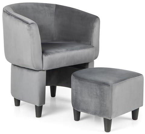 COSTWAY Velvet Tub Chair with Footstool, Upholstered Club Chair Accent Armchair, Modern Space-Saving Comfy Barrel Chair Sofa Lounge Seat Reading Armchair for Living Room, Bedroom, Reception (Grey)