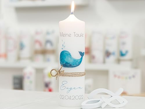 meinkerzenshop Taufkerze mit Designdruck WAL personalisiert mit Name und Datum, individuell für Junge und Mädchen