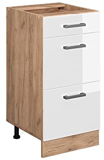 Vicco Küchenunterschrank R-Line, Weiß Hochglanz/Goldkraft Eiche, 40 cm mit Schubladen, AP Eiche