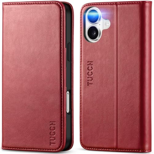 TUCCH Wallet Case for iPhone 16 Plus (6.7) 2024, PU Leather Foldable Case with[RFID Blocking][Shockproof TPU], Card Holder Kickstand Book Folio Stand Cover Compatible with iPhone16 Plus, Dark Red