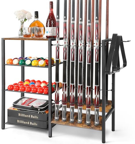 Billard Queue Halter für 12 Stöcken, Ständer Poolqueues mit Ballaufbewahrung, Großer Organizer für Billardzubehör, Queue-Halter für Spielzimmer, Billard-Ausrüstungsständer