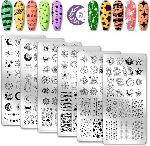 PH PandaHall 6 Stück Sonne Mond Nagelkunst-Stempelplatte Star Nail Art Stencils Edelstahl-Nagelbild-Platten Nagelstempel-Platten Set für Frauen DIY Druck Nagelsalon Design Geschenk 12x6 cm