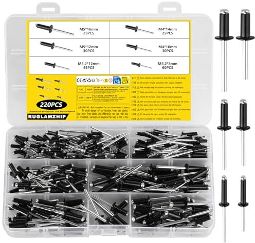 220 Pcs Ensemble de Rivets Aveugles en Aluminium, Pop Rivets à Tête Plate à Grande Bride, Assortiment de Rivet Pop pour Métal, Bois, Plastique, Meubles(Noir, M3.2/M4/M5 x 8/10/12/14/16 mm)