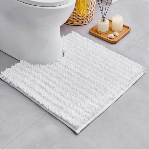 Ruggnovea White Toilet Rugs U Shaped Washable, 24x24 Contour Bath Rugs for Toilet, Luxury Ultra Soft Chenille U-Shaped Toilet Rug, Non Slip Absorbent Machine Washable Bathroom Mat for Toile