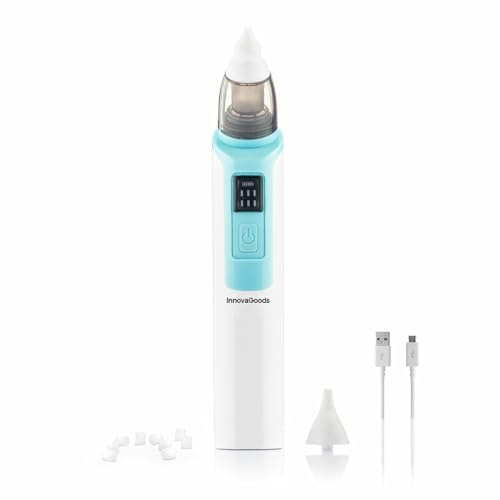 InnovaGoods® Aspirador para Bebe, Sacamocos eléctricos recargable y silencioso, limpador de nariz para bebes con Boquillas de Silicona muy suaves y con diferente forma