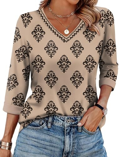 WIHOLL Tops for Women 3/4 Length Sleeve V Neck Casual Tunic Ladies Tops Basic Shirts Loose Fit Blouse Khaki National Flower Size 10-12