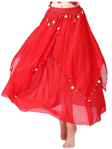 Gonna lunga da donna per danza del ventre, con paillettes, asimmetrica, costume di carnevale, da donna, in tinta unita, con brillantini, stile orientale, plissettato, stile boho