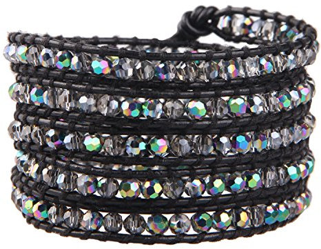 KELITCH Neu Echtes Leder 5 Wicklen Armband Handmade Kristall Armband Neu Schmuck (Schwarz)