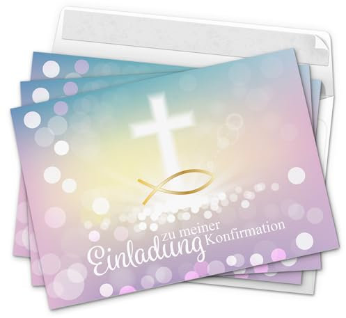 10 x Einladungskarten zur Konfirmation mit Umschlägen/Moderne Farben, Fisch Gold/Konfirmationskarten/Einladungen zur Feier