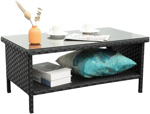 Rattaner Wicker Coffee Table - Outdoor Patio Garden Rattan 2-Layer Table Furniture with Storage, Black