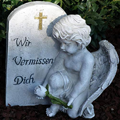 Figur Wir vermissen Dich, Engelfigur mit Rose an Trauerstein. 20 cm.