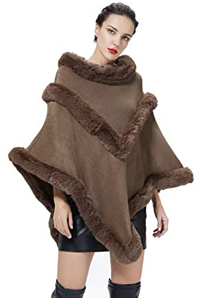 BEAUTELICATE Kunstpelz Poncho Umhang Damen Strick Cape Stola Mit Kunstfell Kragen Herbst Winter Lose Pullover (Khaki, Einheitsgröße)