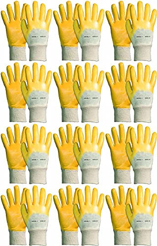 Novatool 24 pares de guantes de nitrilo para hombre I Talla 0e 10 I Nitrilo | Amarillo I EN388:2016 3111X I Guantes de trabajo resistentes al aceite Guantes de protección contra rosas, guantes de gato