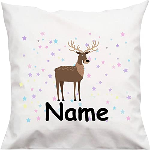 Kuschelkissen Tiermotiv Elch REH Hirsch mit Wunschnamen, Kinderzimmer Kuscheln, Kopfkissen Dekokissen mit Füllung, Größe 40X40cm, Farbe weiß