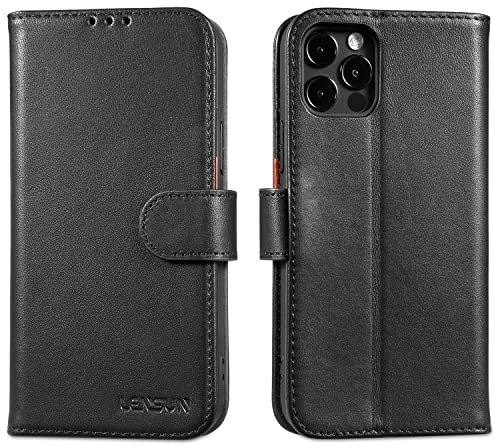 LENSUN Echtleder Hülle für iPhone 12, iPhone 12 Pro Handyhülle [Echtes Leder][Magnetverschluss][RFID Schutz] Handytasche Lederhülle für iPhone 12/12 Pro 5G - Schwarz