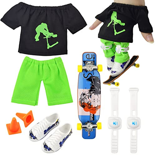 FOHYLOY Mini Fingerspielzeug Skateboard Set, Finger Skateboard mit Schuhe Kleidung Hosen Straßensperren Knieschützern, Fingerboard Spiele für Kinder und Teenager (Schwarz)