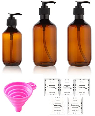 3 Pcs Plastic Soap Dispenser Pump Bottles - 500ml & 300ml With 5 Labels, Refillable for Lotion & Soap (Amber)