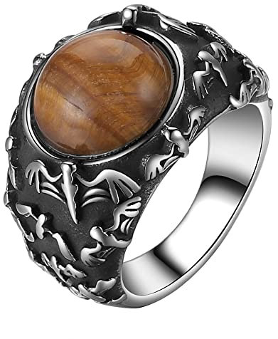 JewelryWe Schmuck Retro Herren-Ring, Gotik Fledermaus Bat Edelstahl Band Ring mit braunem Tigerauge, Silber Größe 57