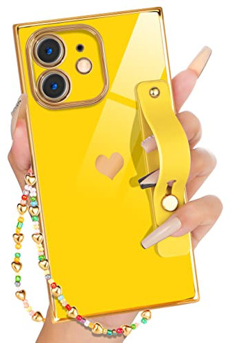 Petitian for iPhone 12 Case Stand/String, Luxury Cute Women Girls Heart Electroplated Designer Phone Cases for 12, Yellow