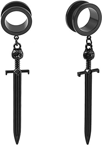 Vankula Ohr Tunnel mit anhänger Double Flared Flesh Plug Schwert Edelstahl für männer damen Ohrpiercing Gestreckte Schmuck 16mm(5/8) Schwarz