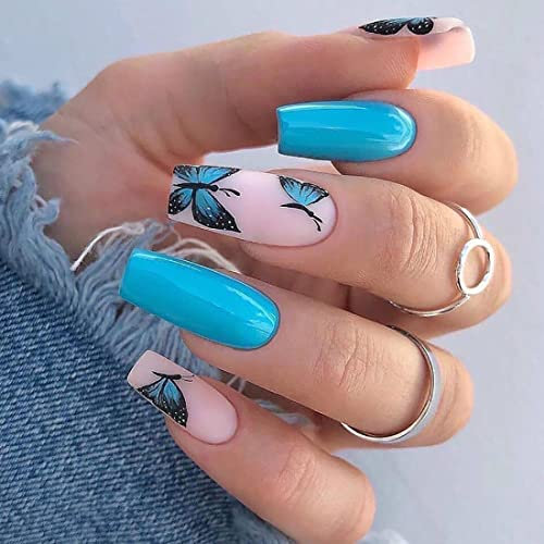 JUSTUSNX 24pcs carré français faux ongles rose bleu dégradé faux ongles brillant Daisy fleur papillon Crystal presse sur les ongles pour les femmes et les filles (A)