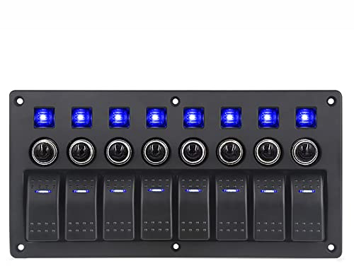 Riloer Pannello interruttori a levetta 8 vie, 12V 24V universale per barca, auto, marino, interruttori a levetta LED con indicatori, impermeabile, con luce verde/blu/rossa
