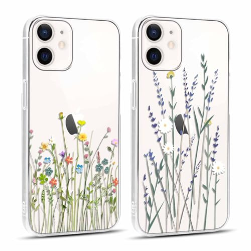 Yoedge 2 Stück Handyhülle für iPhone 12 / iPhone 12 Pro Hülle,Transparent Blumen Muster Mädchen Aesthetic Flowers Handyhülle Weich Durchsichtig Schlanke Silikon Stoßfest Schutzhülle für iPhone 12 6,1