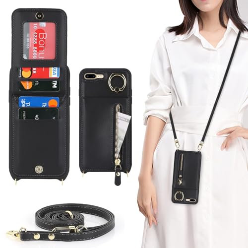 Zouzt for iPhone 7 Plus/iPhone 8 Plus 5.5 Inch Case with Cord and Card Holde, Zipper Wallet Case with Crossbody Lanyard Ring Adjustable Necklace Protective Cover Women - Black