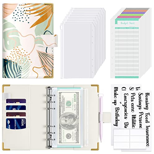 Hnogri Budget Binder, A6 Money Saving Binder, Abstract Leaves | Zipper Cash Envelopes for Budgeting, PU Leather Budget Planner Money Organizer for Cash Bills, Floral Budget Wallet for Women