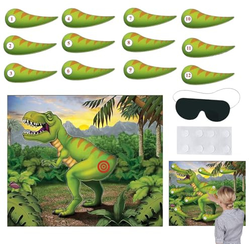 XZEIT Dinosaurier Poster-Set für Erwachsene-Partys – Dekorationsbanner mit Schwanz-Aufklebern & Augenbinde, Dekoratives und interaktives Utensil für Erwachsenenveranstaltungen(53x46 cm)
