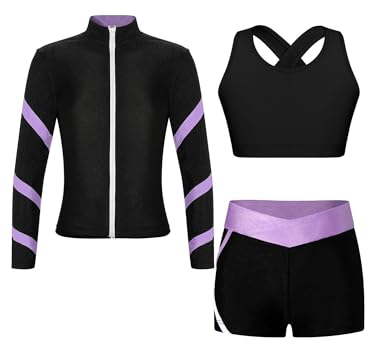 Aiihoo Mädchen Sportanzug Kinder Jogginganzug Sweatshirt +Sport Leggings/Shorts Sporthose Trainingsanzug Trikotanzug Yoga Fitness Workout Laufen Tanz Outfit Sb Lavendel 170-176