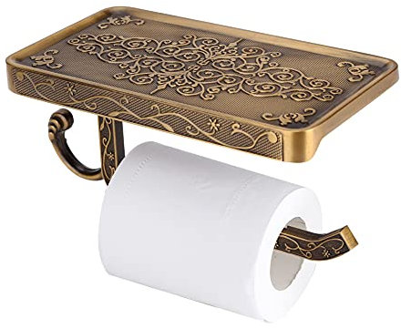 Toilet Paper Holder, Wall Mount Brass Toilet Roll Holder with Shelf Vintage Bathroom Organizer for Home Office Hotel (Antique)