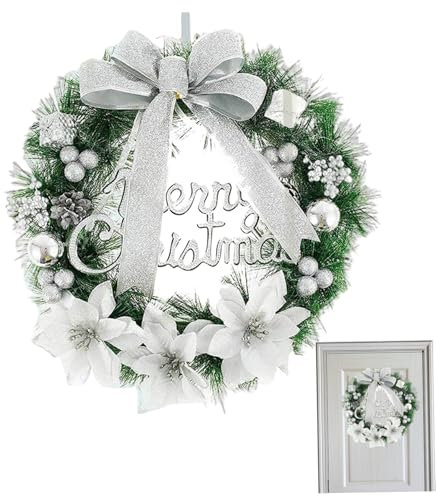 QmjdDymx Couronnes de Noël pour Porte d'entrée, couronnes de Noël en Argent 11.81 Couronne de Porte d'entrée Décoration avec Balle de Fleurs d'arc pour la Porte de Porte de Noël extérieure intérieure