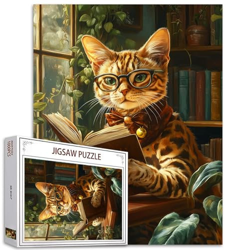Cute Cat Reading Books 1000 Piece Jigsaw Puzzle für Erwachsene Kätzchen mit Brille in Study Room Jigsaw Puzzles Hard Difficult Challenging Family Activity Game DIY Handwork Puzzles Home Decor Gifts