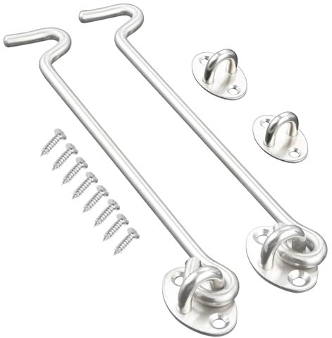 DRELD 8-Inch Cabin Hook Eye Latch Kit, 2-Pack 304 Stainless Steel Door Hook Latch with 8 Mounting Screws Door Catch Hardware for Yard Gate, Fence, Garage, Barn Door, Shed, Window, Closet (8)