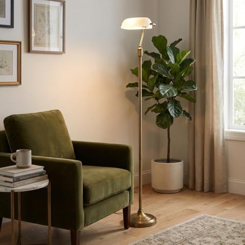 B·LED BARCELONA LED Banquero Vintage Stehlampe mit schwenkbarem Lampenschirm in weiß und Fuß aus Messing antik, E27 Fassung, Retro Stehlampe Leselampe für Büro, Wohnzimmer oder Schlafzimmer