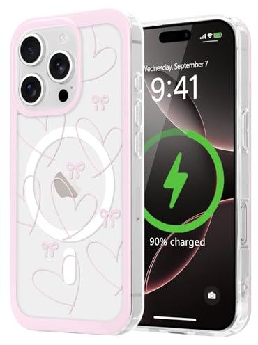 LCHULLE Cover per iPhone 16 Pro Max Magnetica Trasparente,Cuore cavo | Compatibile con MagSafe,Custodia con Motivo Fragole o Fiocchi a Farfalla per Ragazze e Donne,Protettiva Silicone Case