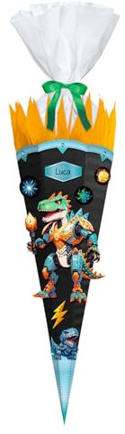 Ursus 10040002 - Diamond Painting Schultüten-Bastelset Easy Line Robo T-Rex, Schwarz, 6-eckig, aus 3D-Colorwellpappe, 68 cm, Durchmesser ca. 20 cm, zum Basteln einer Zuckertüte